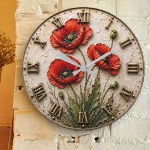 Reloj Redondo Grande Red Poppy Elegant Botanical Floral Art