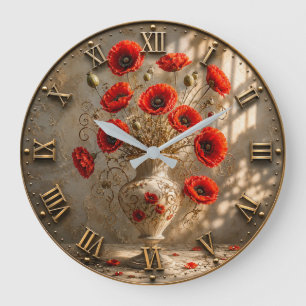 Reloj Redondo Grande Red Poppy Floral Elegant Vintage Vase Art
