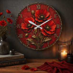 Reloj Redondo Grande Red Poppy Flowers