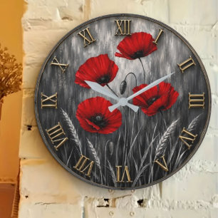 Reloj Redondo Grande Red Poppy Modern Botanical Floral Black & White 