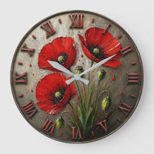 Reloj Redondo Grande Red Poppy Modern Rustic Botanical Floral Decor