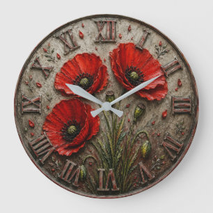 Reloj Redondo Grande Red Poppy Rustic Vintage Floral Botanical Decor