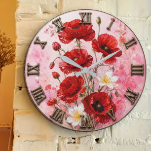 Reloj Redondo Grande Red Poppy Watercolor Romantic Floral Botanical
