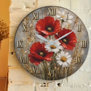 Reloj Redondo Grande Red Poppy White Daisy Elegant Floral Meadow Decor