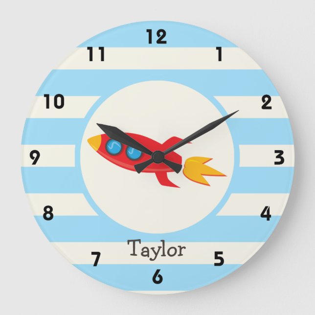 Reloj Redondo Grande Red Rocket Space Ship; Light Blue Stripes (Anverso)