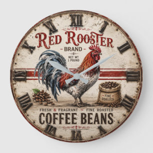 Reloj Redondo Grande Red Rooster Coffee Beans Rustic Farmhouse