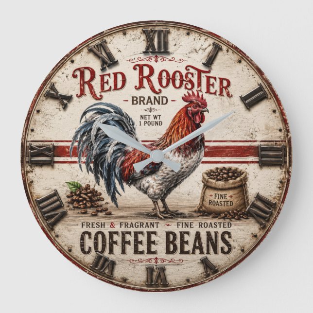 Reloj Redondo Grande Red Rooster Coffee Beans Rustic Farmhouse (Anverso)