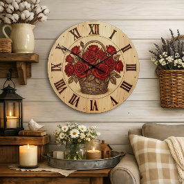 Reloj Redondo Grande Red Roses Basket Wall Clock