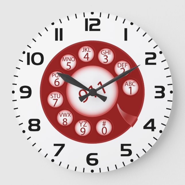 Reloj Redondo Grande Red Rotary Phone Dial 911 Emergency Number (Anverso)