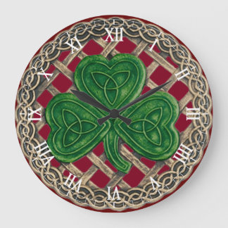 Reloj Redondo Grande Red Shamrock & Celtic Knots Roman Numerals Clock