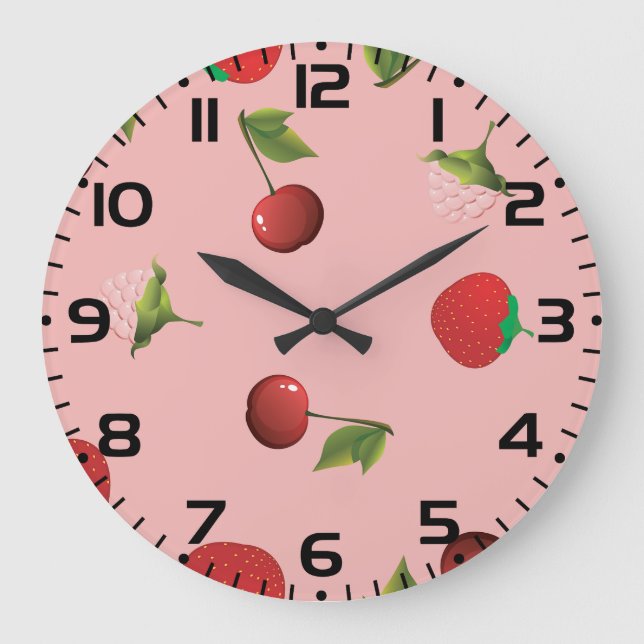Reloj Redondo Grande Red Strawberry and Cherry Pattern Pink Fruit (Anverso)