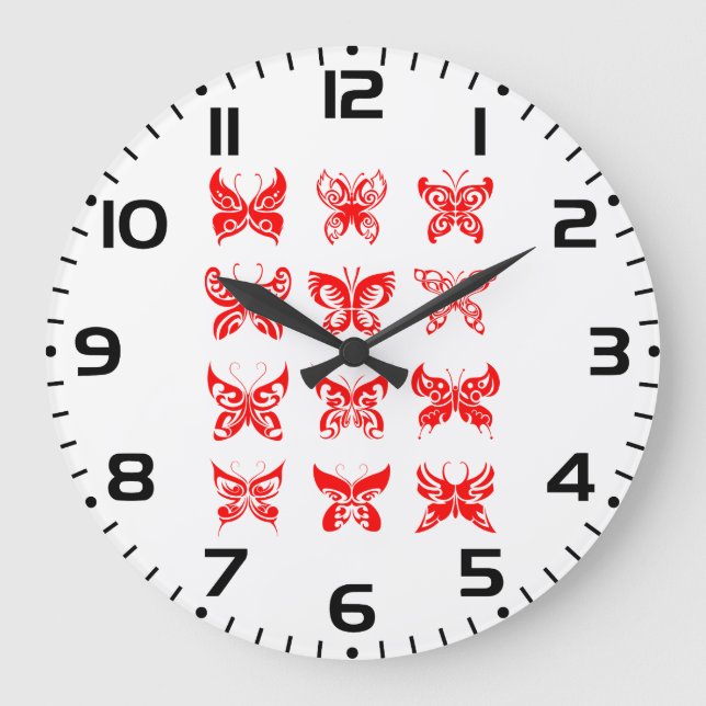 Reloj Redondo Grande Red Tribal Butterfly Ornamental (Anverso)
