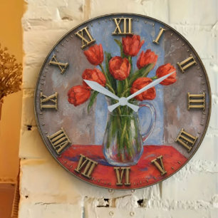 Reloj Redondo Grande Red Tulip Bouquet Floral Still Life Vintage