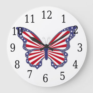 Reloj Redondo Grande Red White And Blue Butterfly Round Clock