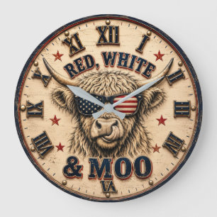 Reloj Redondo Grande Red, White & Moo Patriotic Highland Cow Americana