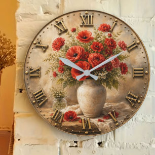 Reloj Redondo Grande Red Wildflower Bouquet Rustic Floral Farmhouse