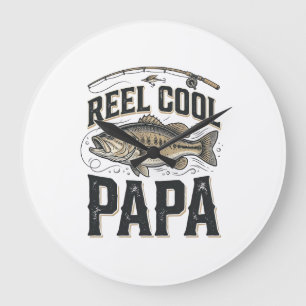 Reloj Redondo Grande Reel Cool Papa Diseño Vectorial de Pesca Vintage_1