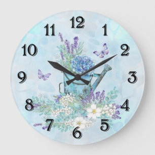 Reloj Redondo Grande Regadera con flores de verano y mariposas