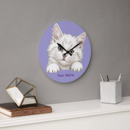Reloj Redondo Grande Regalo de Arte de Gatito Personalizado con Nombre 