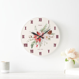 Reloj Redondo Grande Regalo de Navidad Monograma Poinsettia Navidad