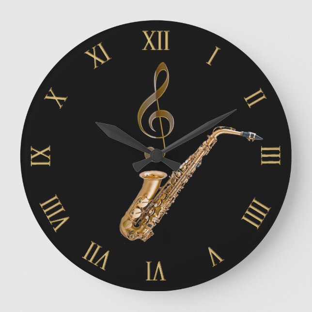Reloj Redondo Grande Regalo de un músico con temas musicales saxofónico (Anverso)