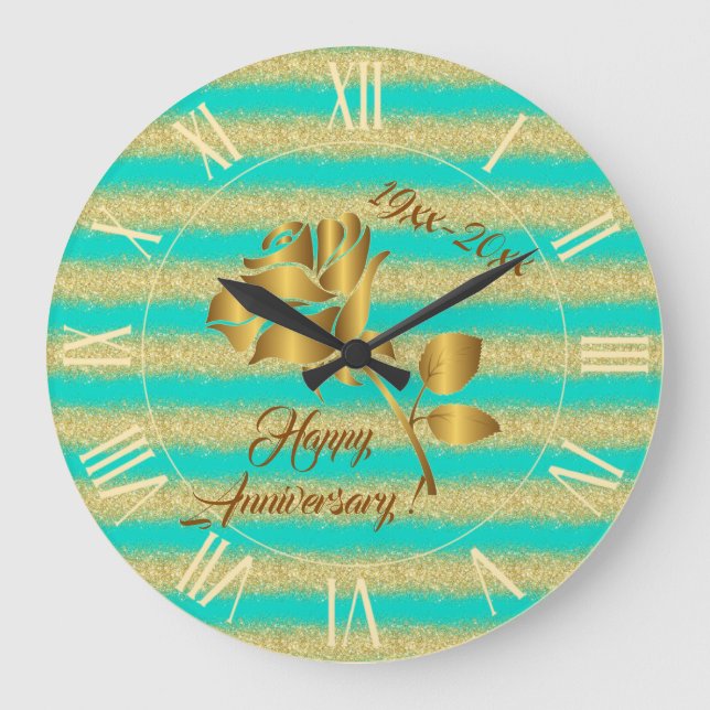 Reloj Redondo Grande Regalo floral turquesa Purpurina Gold de lujo (Anverso)