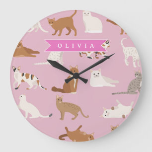 Reloj Redondo Grande Regalo Personalizado con Patrón de Gato Rosa Lindo