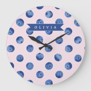 Reloj Redondo Grande Regalo Personalizado de Acuarela de Arándano Azul