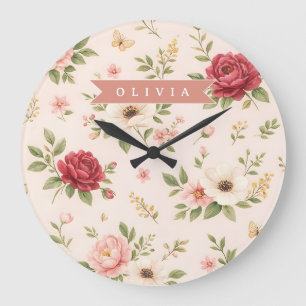 Reloj Redondo Grande Regalo Personalizado de Nombre Romántico Floral Vi