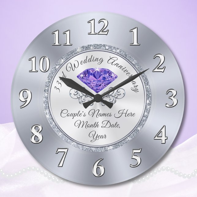 Reloj Redondo Grande Regalo personalizado del 33° aniversario del Boda (33 year anniversary traditional gift, for wife, friends and couples. 33rd Anniversary Clock.)
