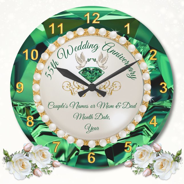Reloj Redondo Grande Regalos de Aniversario de Bodas Esmeraldas Persona (Emerald Green Wall Clock. Personalised, 55th wedding anniversary gift ideas for parents. 55 year.)