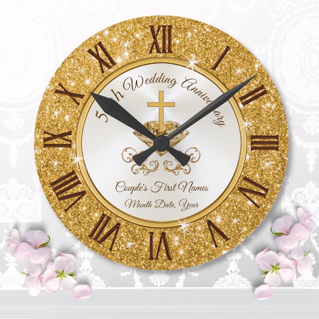 Reloj Redondo Grande Regalos de Aniversario Dorado Personalizados Crist (50th anniversary clock. 50 year wedding anniversary presents for parents. Golden anniversary gifts. )