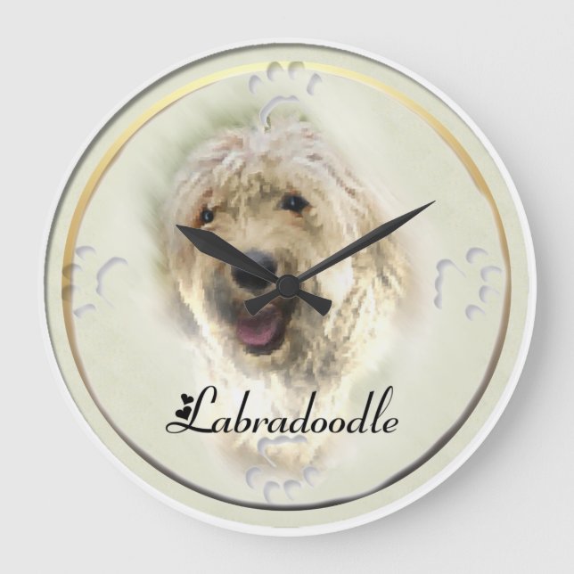 Reloj Redondo Grande Regalos de arte de Labradoodle (Anverso)