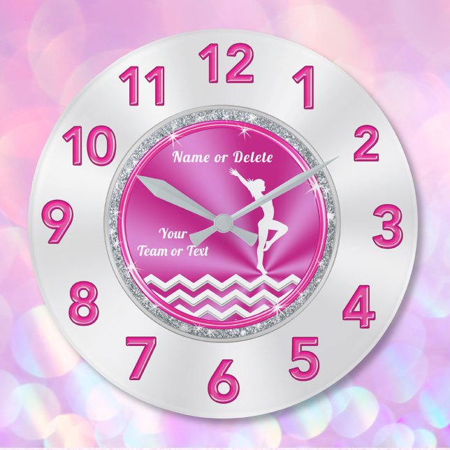 Reloj Redondo Grande Regalos de gimnasia rosa y blanca para Chicas (Girls gymnastics bedroom decor. Pink, White and Silver, Gymnastics Clock. Gifts for Gymnasts. )