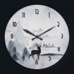 Reloj Redondo Grande Reindeer in the Wild Gray Watercolor Christmas<br><div class="desc">A clock with a watercolor image featuring a black silhouette reindeer standing among some pine trees. Gray black and white neutral color scheme.</div>