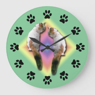 Reloj Redondo Grande Reloj: gato mirrorizado con huellas de pata