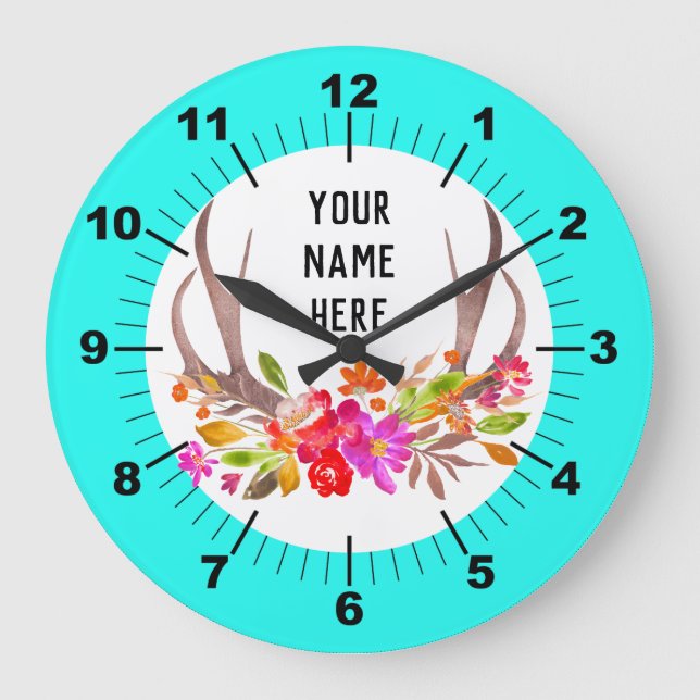 Reloj Redondo Grande Reloj grande con flores Aqua (Anverso)