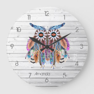 Reloj Redondo Grande Reloj grande de atrapasueños de búho nativo americ