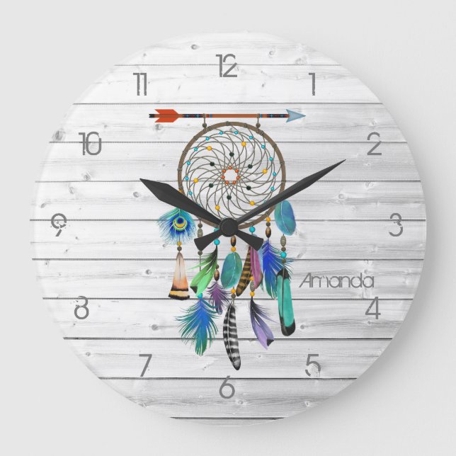 Reloj Redondo Grande Reloj grande de Dreamcatcher nativo americano (Anverso)