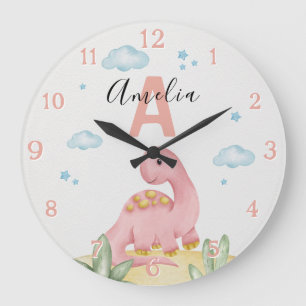 Reloj Redondo Grande Reloj Grande de Guardería de Dinosaurio Rosa Perso