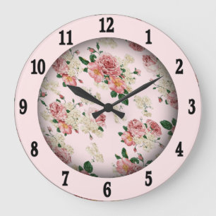 Reloj Redondo Grande Reloj grande floral vintage rosa sobre rosa