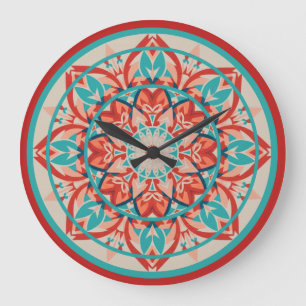 Reloj Redondo Grande Reloj Grande Mandala Boho Naranja y Turquesa
