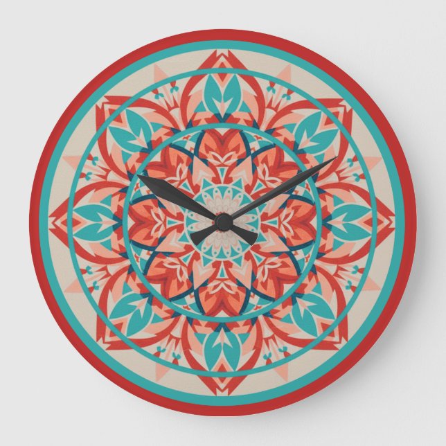 Reloj Redondo Grande Reloj Grande Mandala Boho Naranja y Turquesa (Anverso)
