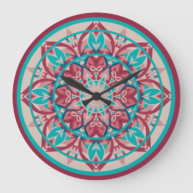 Reloj Redondo Grande Reloj grande mandala boho rosa y turquesa (Anverso)