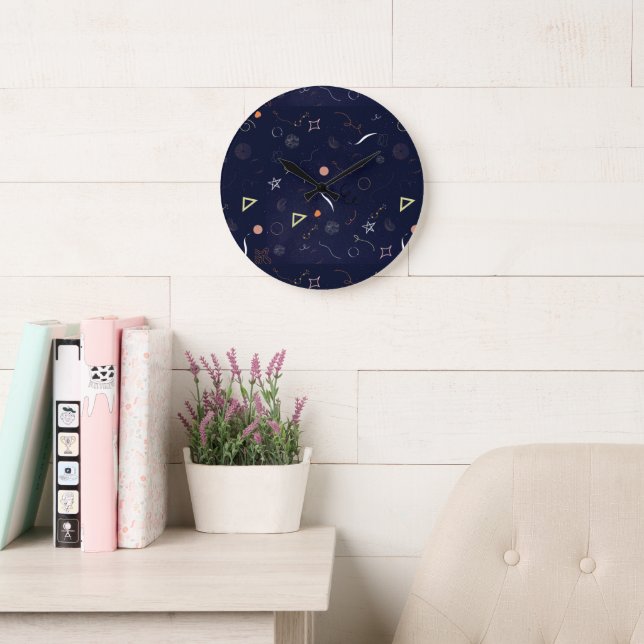 Reloj Redondo Grande Reloj grande Navy Blue Starry Night Doodle (Sala de lectura)