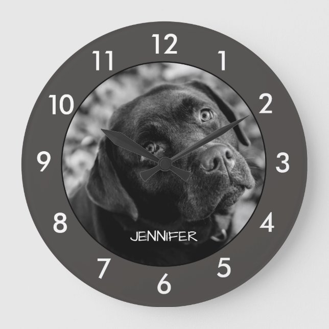 Reloj Redondo Grande Reloj grande Personalizado de perro Labrador negro (Anverso)