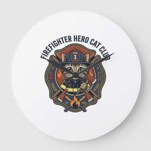 Reloj Redondo Grande Remera Gráfica de Gato Héroe Bombero - Bombero