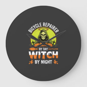 Reloj Redondo Grande Reparador De Bicicletas De Halloween Bruja De Día
