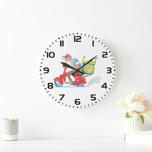 Reloj Redondo Grande Repartidor de Pizza en Scooter Rojo