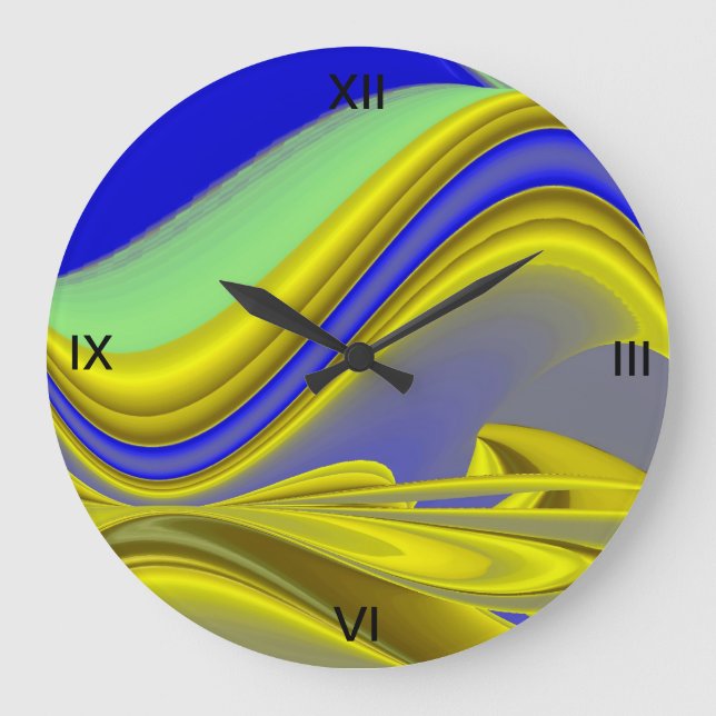 Reloj Redondo Grande Resumen 3D del azul amarillo dorado (Anverso)